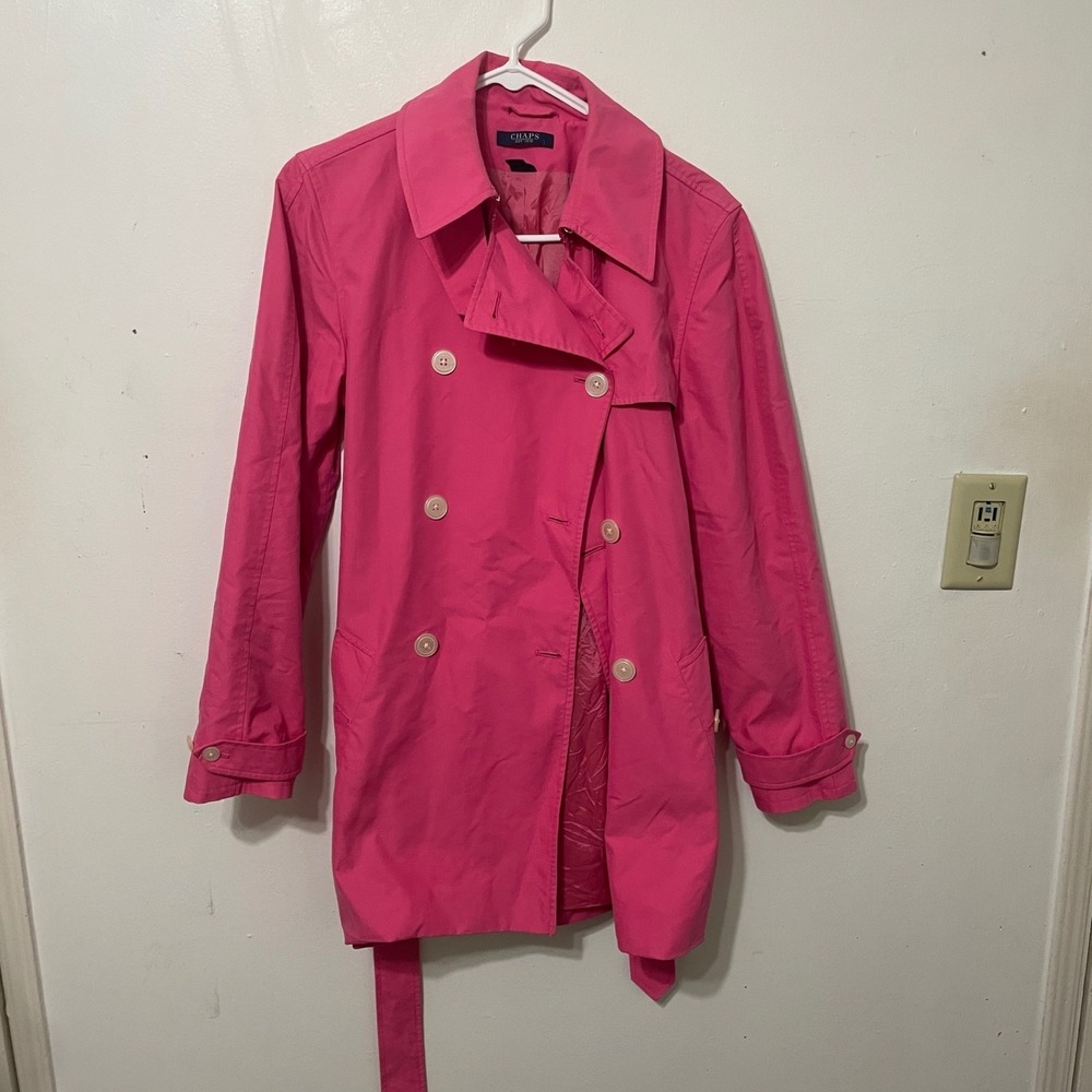 Chaps Women Pink Double Breasted Trench Coat Belted Collar Size Small